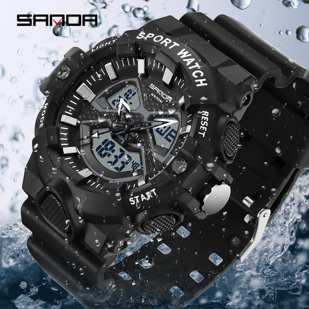 SANDA LED Luminous Digital Dual Display Men Watches Outdoors Sports Military Waterproof Alarm Stopwatch Luxury Quartz Men Watch