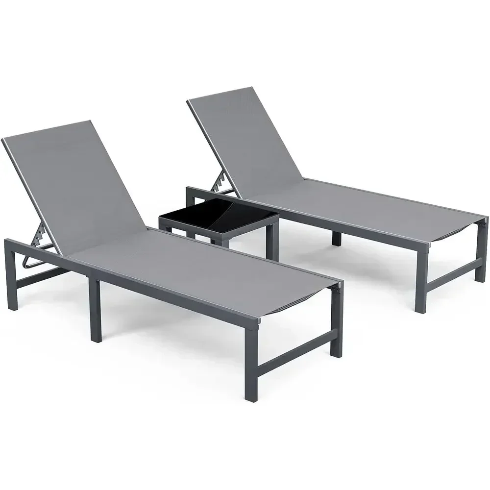 3-Piece Outdoor Chaise Lounge Set, 24.4 Wide Chairs with Table, Textilene Fabric, Ideal for Poolside, Beach, or Lawn, Grey