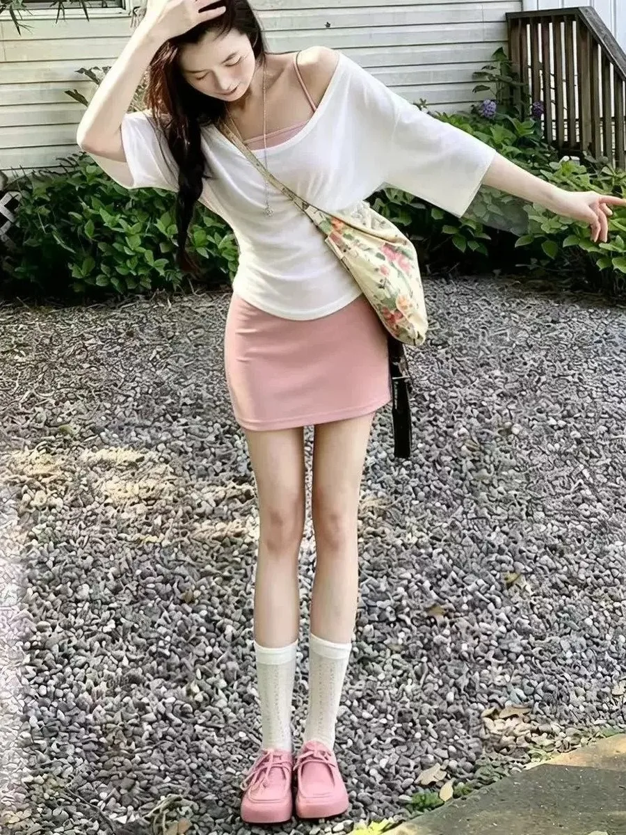 Summer Beautiful Pink Strap Short Skirt Thin White Cover up Two Piece Set Women's Fashionable Pure Desire Ensemble