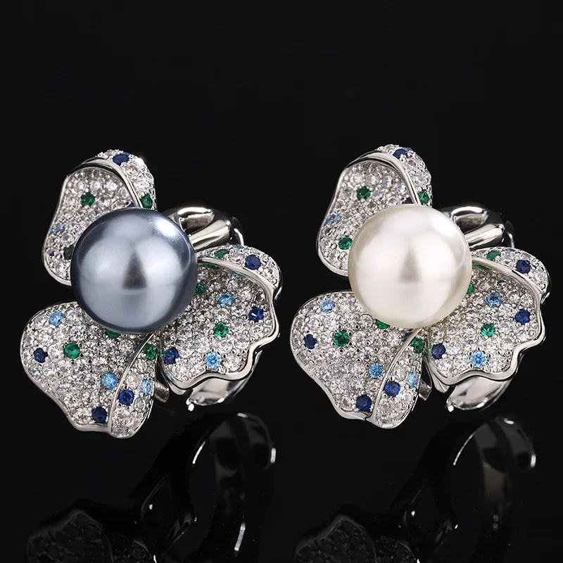 2024 New Jewelry S925 Silver Plated 18K Gold New Inlaid Pearl Flower Breaking Color Light Luxury Ring Women 12mm