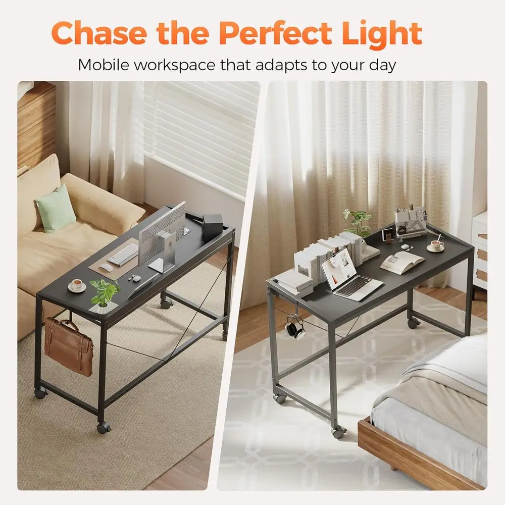 مكتب ألعاب مدمج بعجلات، 40 مكتبًا منزليًا حديثًا للمساحات الصغيرة، طاولة دراسة سوداء أنيقة