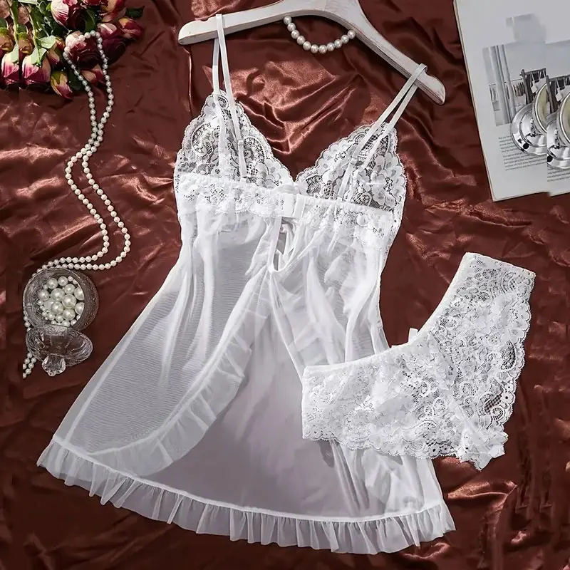 Transparent White Tulle Nightgown Halter Homewear Woman Pajama Set With Panties Plus Size Curve Dress Hot Adult Lingerie Pajamas
