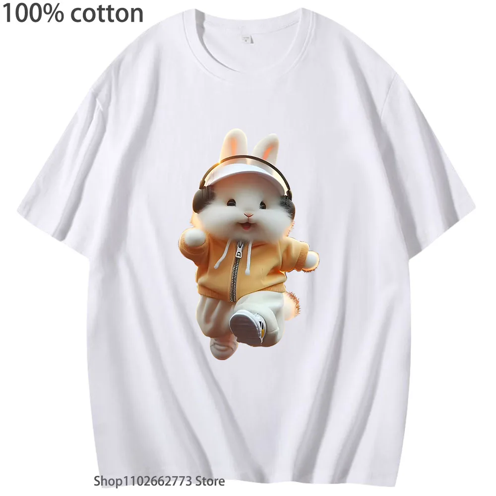 The Cat Wearing Headphones To Running T-Shirts Kawaii Cute Tees Girls Top 100% Cotton Summer Clothes Women Soft Casual Men Shirt