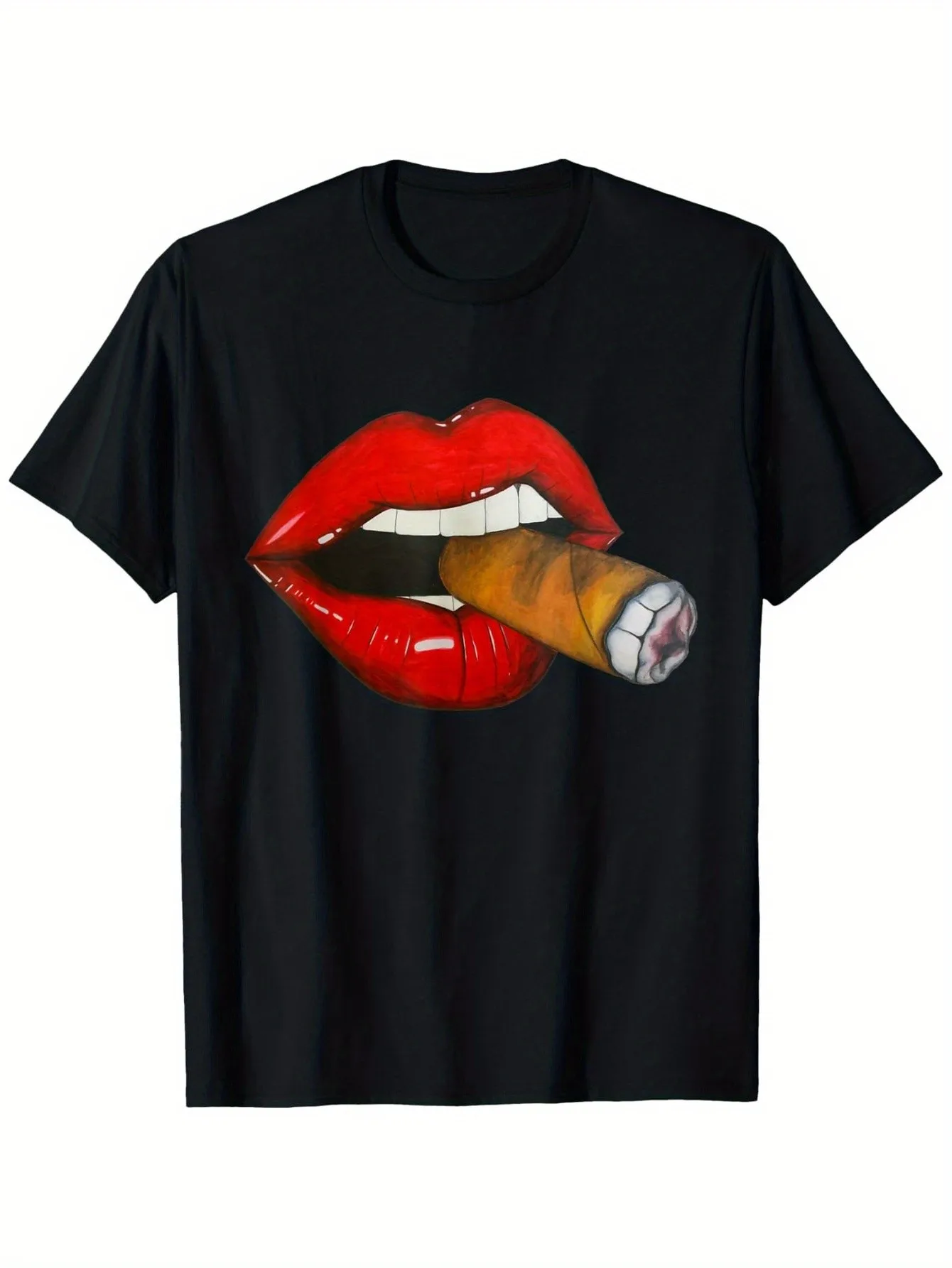 

Men's Black T-Shirt with Lip Print and Cigar Pattern - Bold Red Lip and Cigar Print Short-Sleeve Crew Neck Casual T-Shirt, Edgy Street Style, Suitable for Casual Wear, Parties, and Social Events - All-Season Comfortable Fit Adult Men's Fashion Statement S
