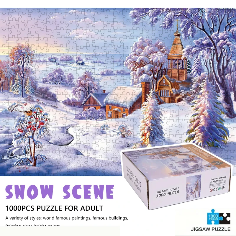 70cm*50cm 1000pcs Peaceful Snow Scene Jigsaw Puzzle Adult Stress Relief Beautiful Landscape Painting Puzzle Home Wall Decor