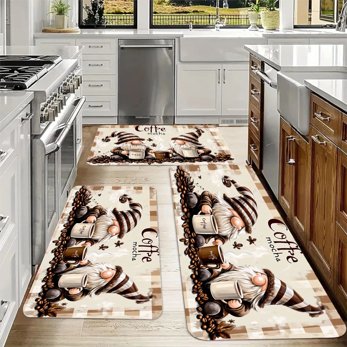 VIKAMA Farmhouse Coffee Theme Kitchen Rug Set Anti Slip Washable Mat Plaid Bean Cartoon Home Decor Floor Runner