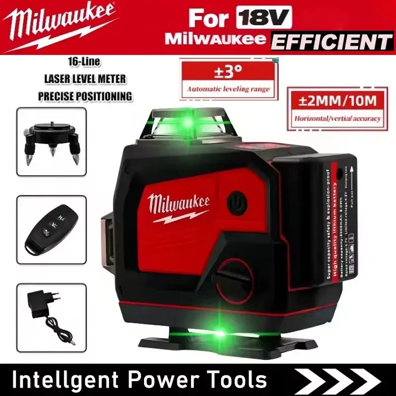

Milwaukee 18V 16-Line Laser Level Meter with Horn 360° Horizontal & Vertical Cross Green Light Self-Leveling Tool
