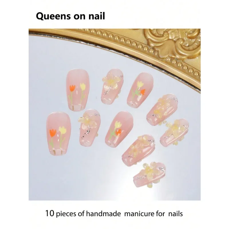 

10 Pieces Handmade press on Nails Ballet Style Fake Nails/Cute Young Girls/Hand-Painted Flowers/3D Flower Decoration