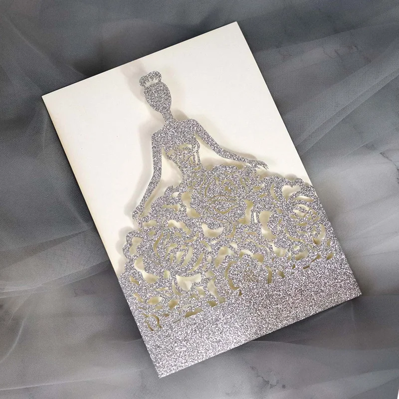 50Pcs taglio Laser elegante sposa rose invito a nozze copertura della carta fornitura Glitter carte di carta decorazioni per feste di compleanno bomboniere