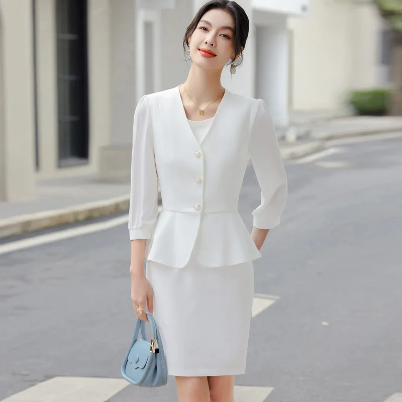 Women Formal 2 Pieces Set 2024 New Fashion Lantern Sleeve Jacket + White Dress Suit Office Ladies Business Blazers Skirt Set