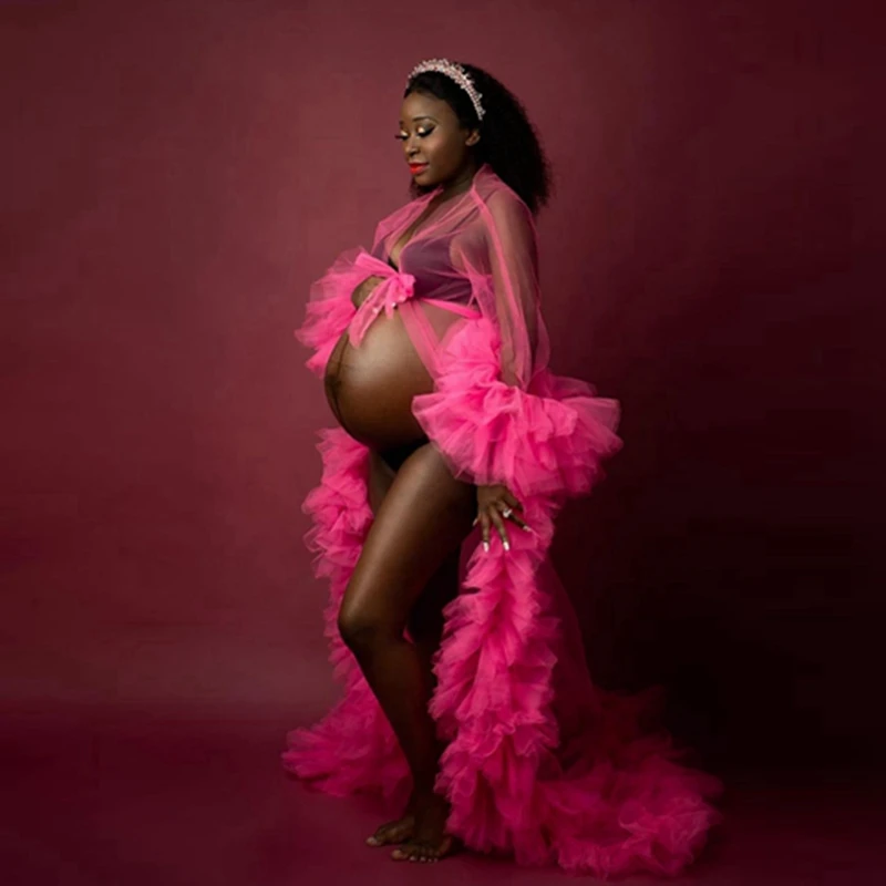 

Rose Red Tulle Ruffles Maternity Dress Long Robes Sexy See Thru Flare Sleeves Pregnant Women Gowns For Photography Cheap Robe