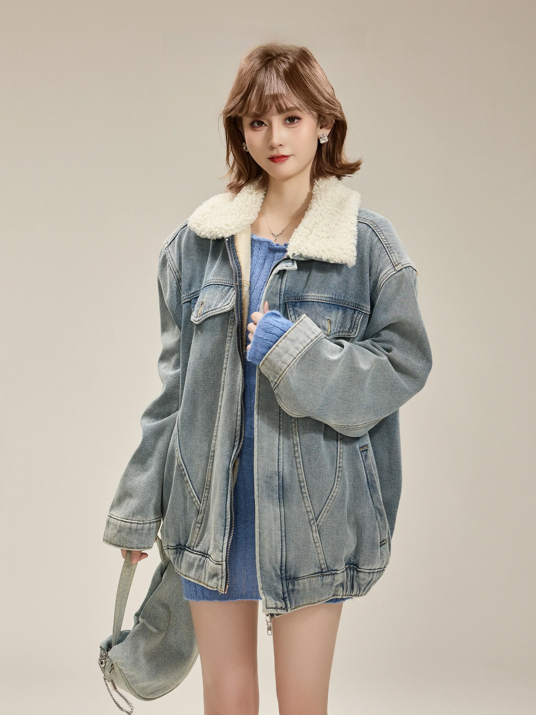

Korean Sle Fce Lined Thi Denim Jaet Women's Winter Casual Loose Fit Turn-down Collar Versatile Jaet Top