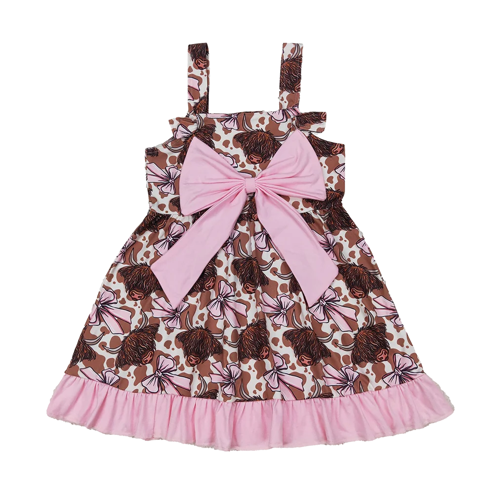 

GSD1945 Baby Girls Bows Highland Cow Knee Length Dresses
