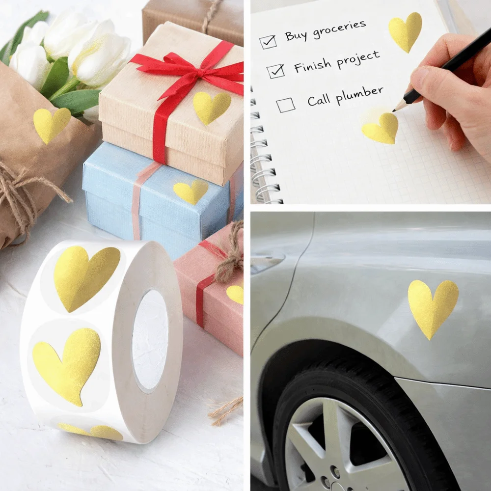 Transparent Heart Sticker Gold Color Glowing Effect Stationery Sticker Heart Design Waterproof Sealing Label Sticker Wedding
