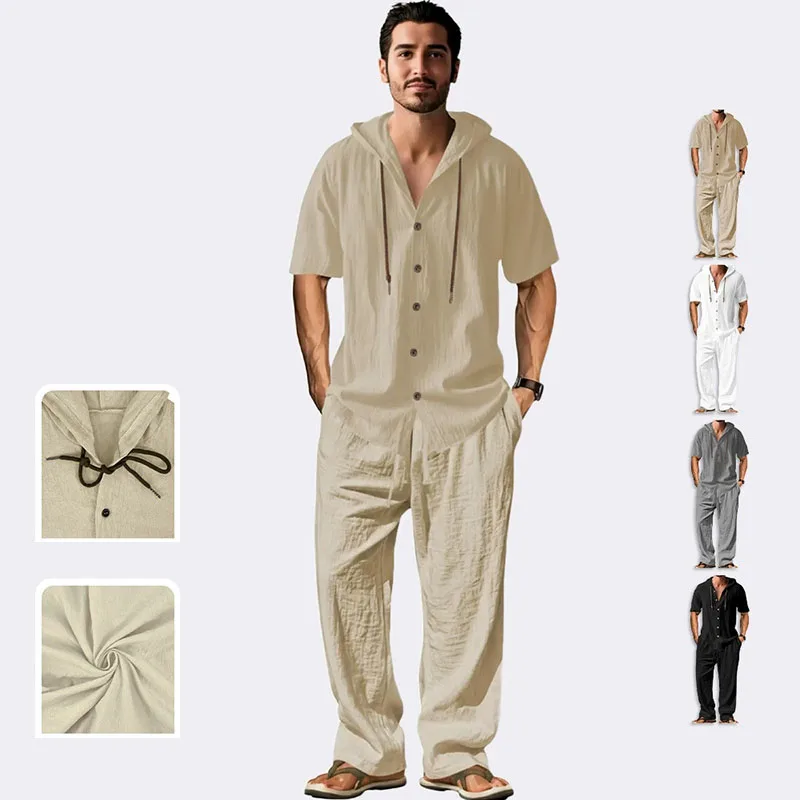 

Мужской летний костюм-двойка из хлопка и льна, однобортные рубашки с капюшоном и короткими рукавами и повседневные комплекты с длинными брюками, спортивная одежда