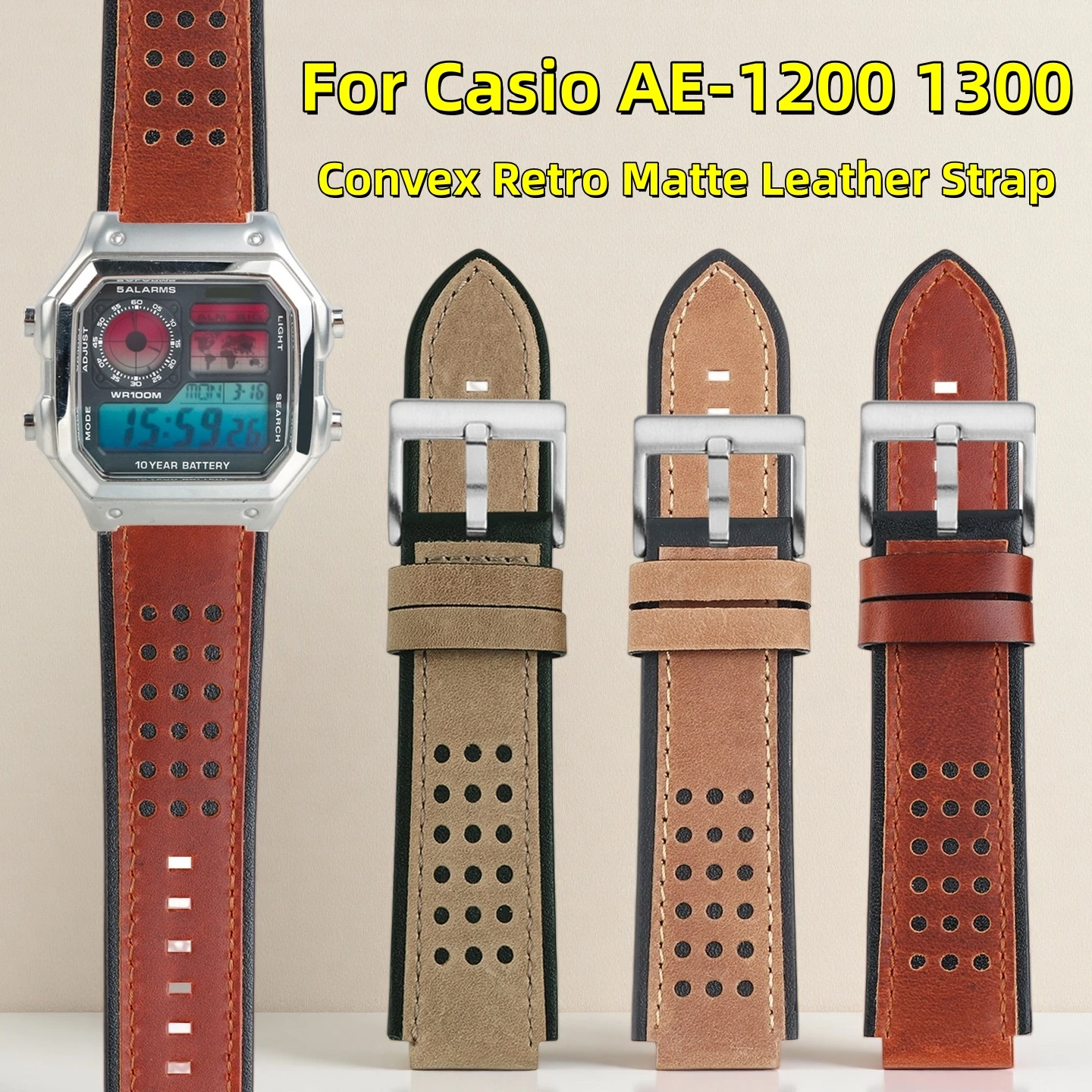 Bracelet en cuir mat rétro convexe de 18mm, pour Casio AE-1200 AE-1300, bracelet de montre Vintage respirant en cuir de vache, accessoires de remplacement