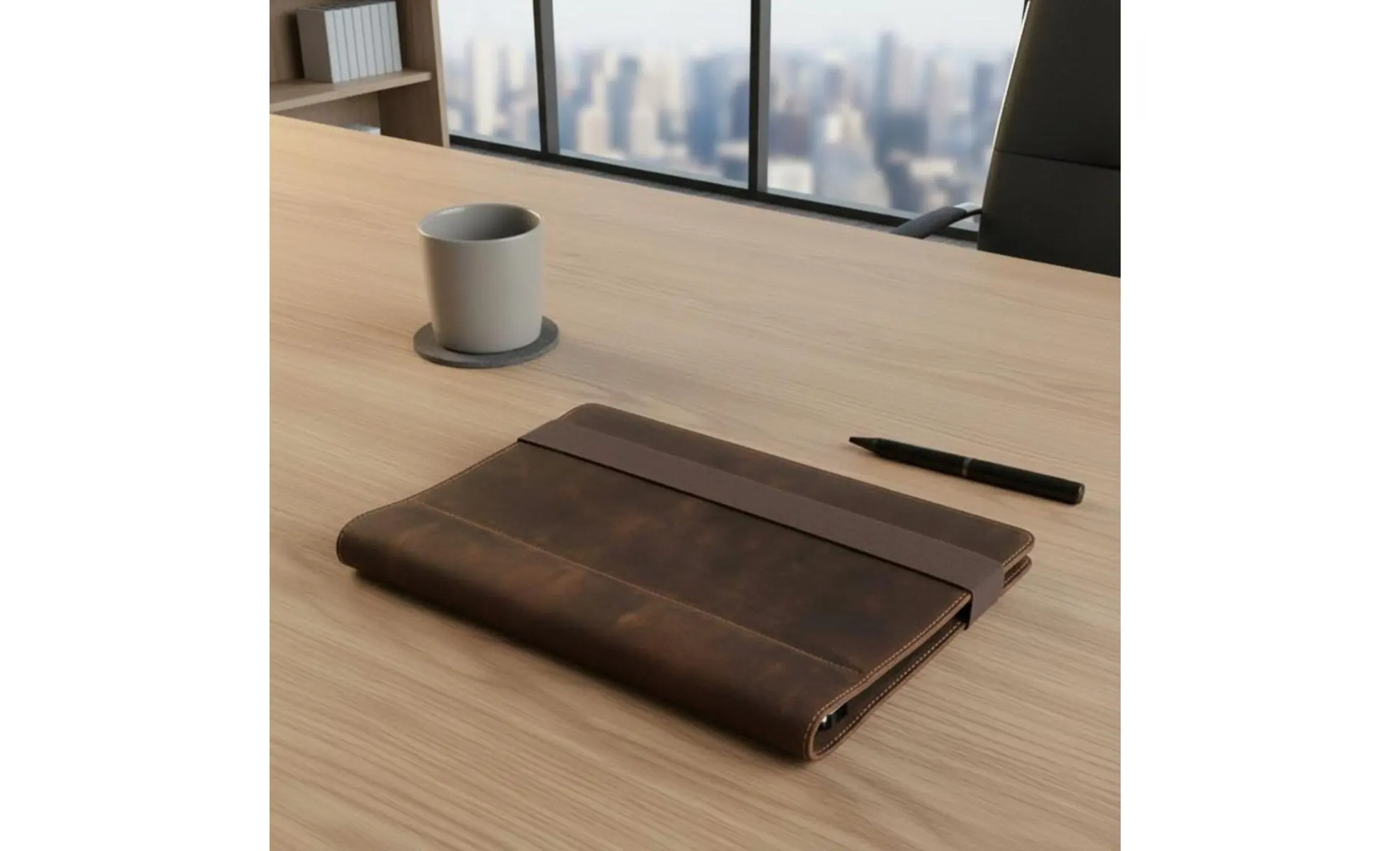 Refillable Business Padfolio Vintage & Design A4 Leather Binder Crazy Horse Leather Folder Multi-Functional 4-Loop Binder Cover