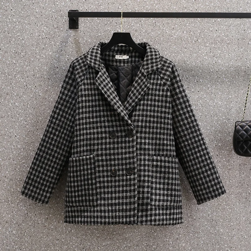 Kurtka Plus Size Casual Loose Thickened Warm Plaid Tailored Coats Jesień Zima Modne Dojazdy Wszechstronne Odzież Damska