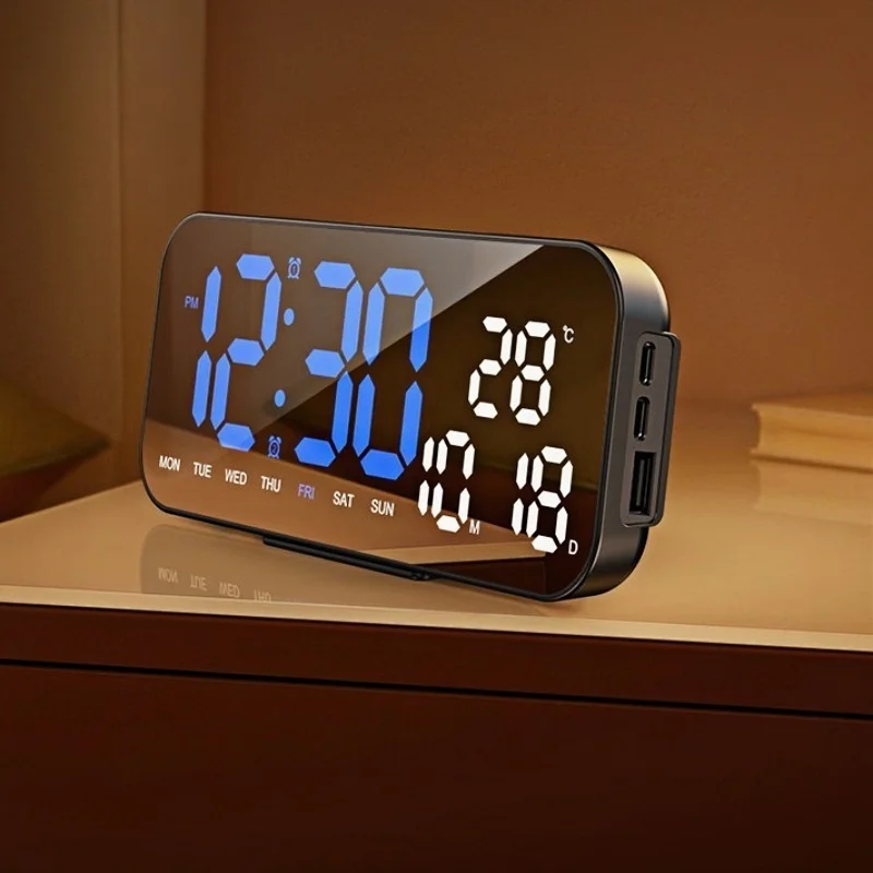 USB Powered Digital Alarm Clock TEMP Date 2 Alarm Timing Countdown Snooze Table Clock 12/24H Auto Dimmable LED Wall Clock