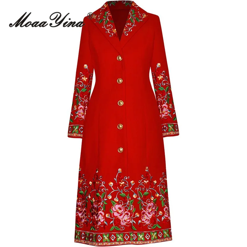 MoaaYina Autumn and Winter Women's Fashion Coat Notched Single-Breasted Long Sleeved Embroidery Design Black/Red Overcoat