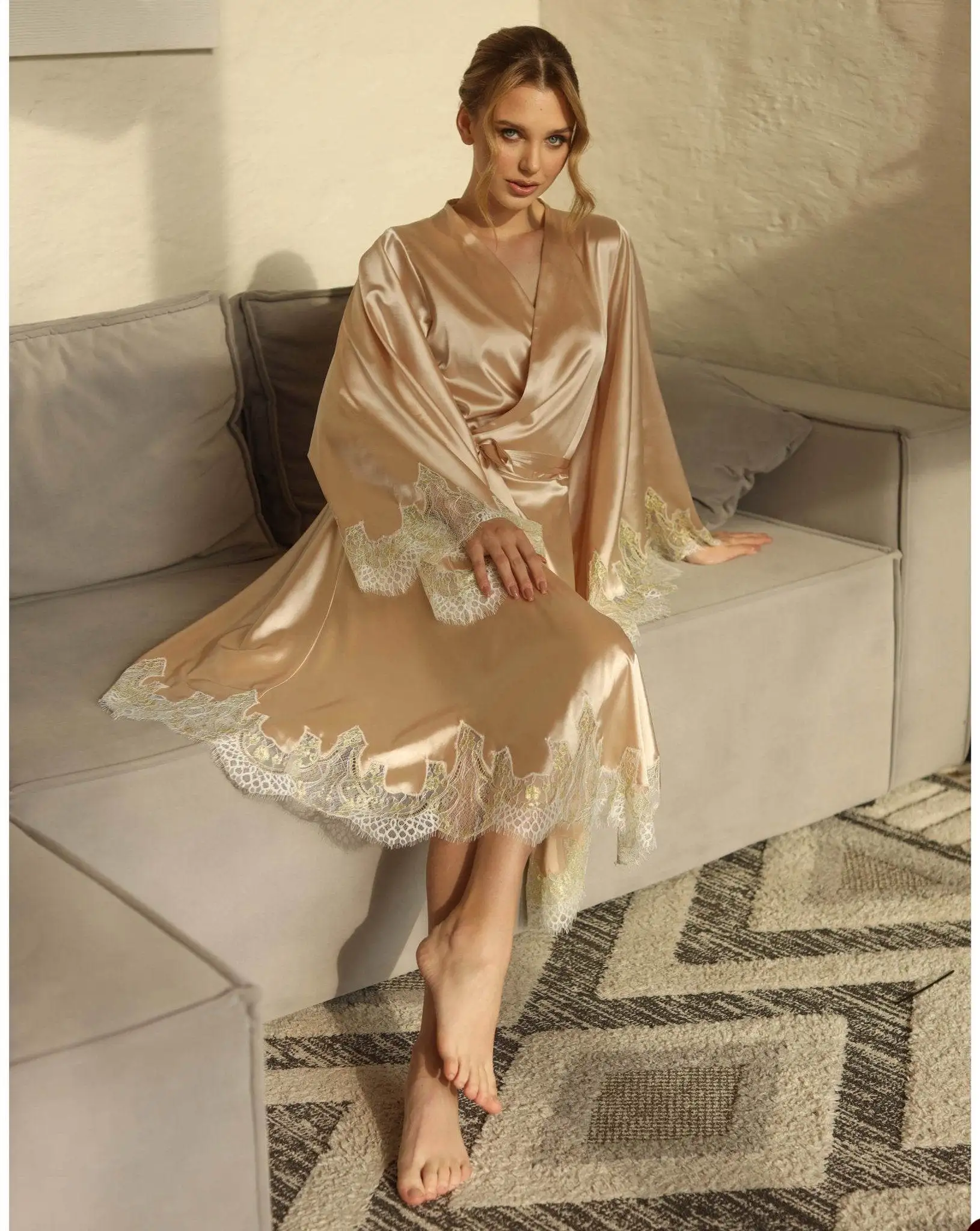 Elegant Women’s Pajamas V-Neck Silk Satin Lace Robes Bridesmaid Bride Robes Wedding Long Robe Bathrobe plus size customized