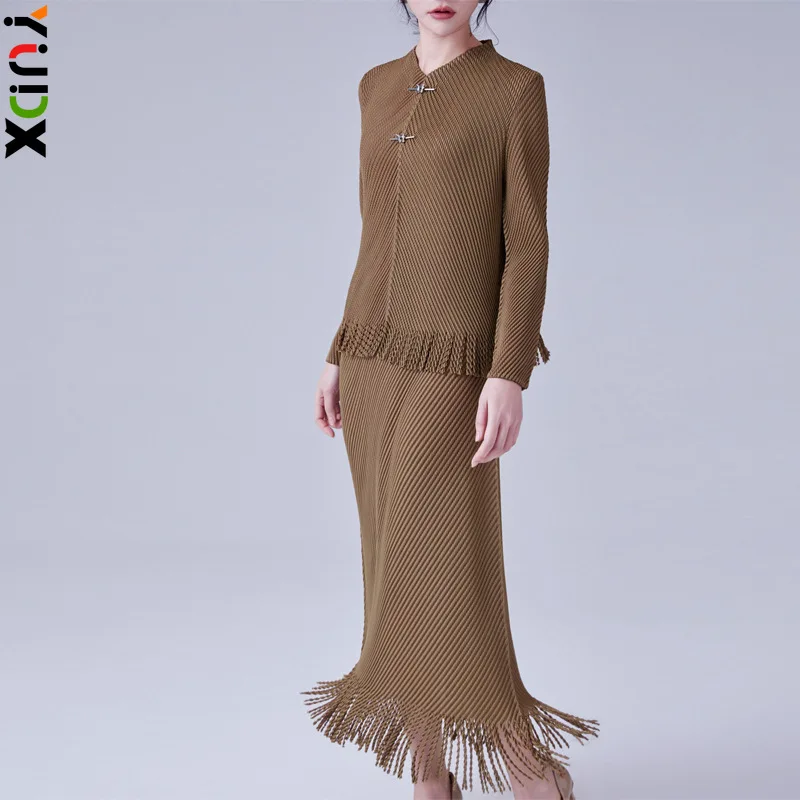 Miyake Fringe Skirt 2-piece Set Simple High-quality Fish Scale Pleated Fashion Atmosphere Slim Skirt Suit Set 2024 Early Spring