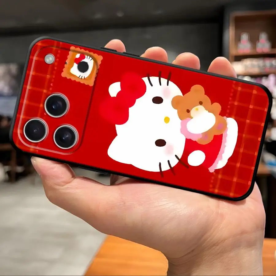 かわいいハローキティ新年ブラックソフトフォンカバーケース iPhone 13 12 11 17 Pro Max XR XS Max 15 16 14 Plus 7 8 17Air対応