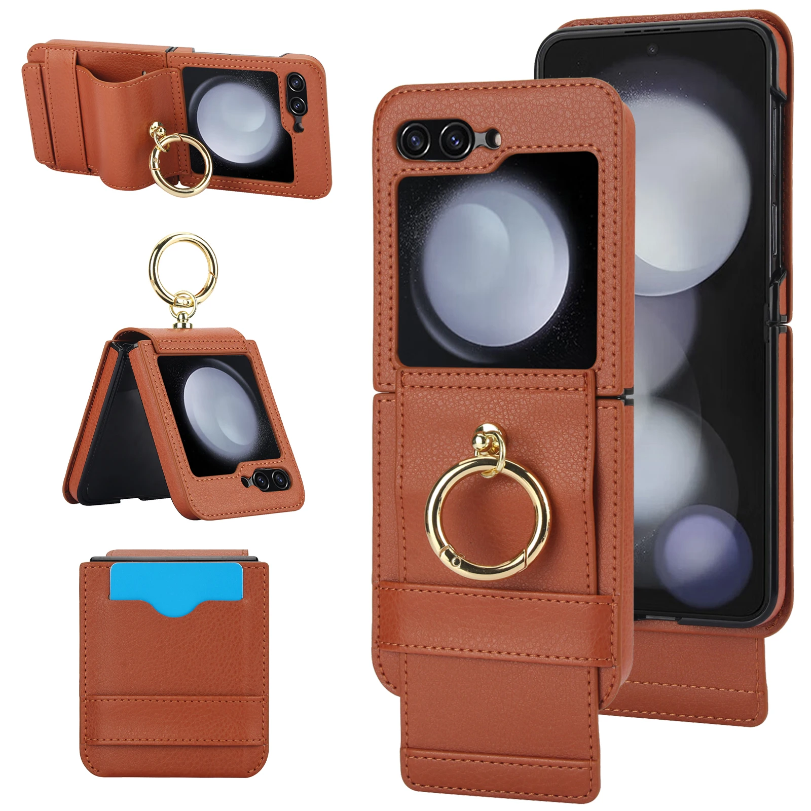 Ring Phone Case for Samsung Galaxy Z Flip 6 5 4 3 Flip6 Flip5 Flip4 Flip3 5G with Card Holder Purse Lanyard Leather Cover