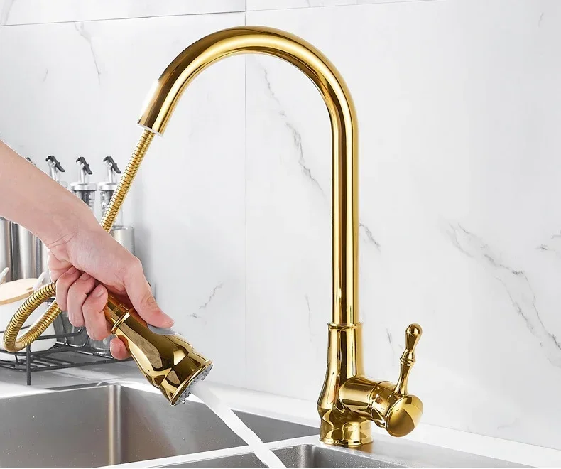 

Copper Gold Kitchen Faucet Pull-out Washing Basin Sink Hot and Cold Household Telescopic Rotating Sink Faucet