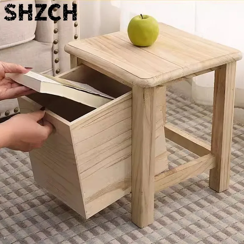 Wooden Storage Stool with Drawer, Entryway Shoe Bench, Multi-Functional Side Table & Learning Chair