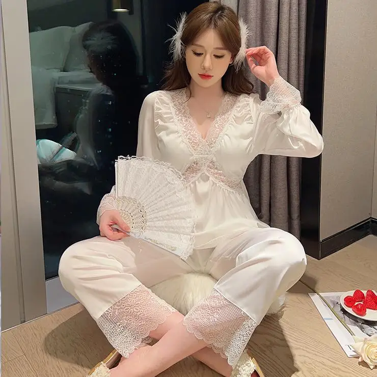 Black Lace Pajamas Suit Women Satin Long Sleeve V-Neck Pijamas Trousers Set Lingerie Summer Sleepwear Nightshirts Home Clothes