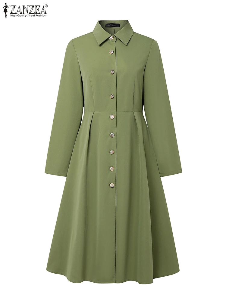 2025 ZANZEA elegante vestido camisero de otoño para mujer elegante Vestidos de trabajo OL de manga larga vestido veraniego de cintura alta sólido una línea Vestidos de fiesta