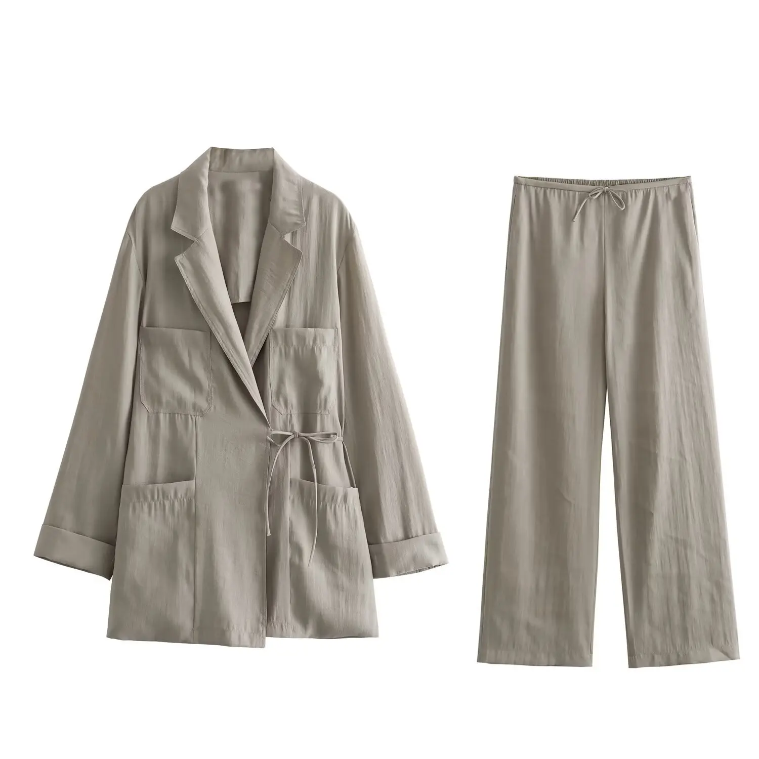 SuperAen-2-Piece Set para Mulheres, Casual Cor Sólida, Jaqueta de Manga Comprida, Coreano Solta Calças de Perna Larga, Outono, 2024