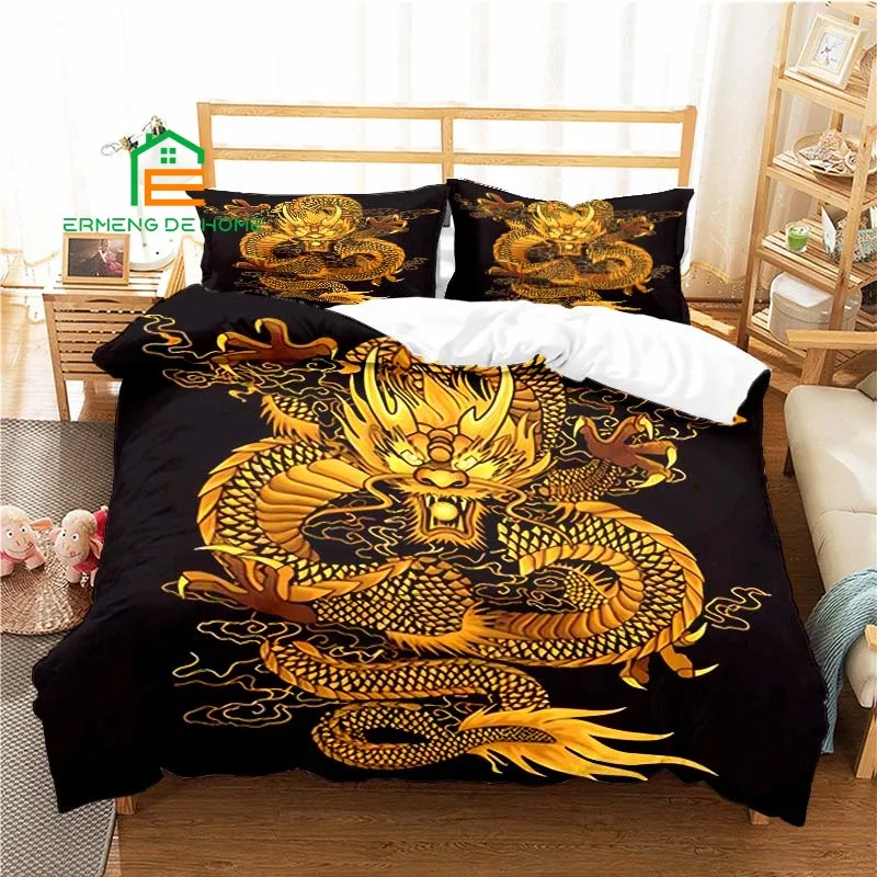 Set Penutup Selimut Pola Naga Cina Set Sarung Bantal Tempat Tidur Single Twin Full Queen Ukuran King untuk Dekorasi Kamar Tidur