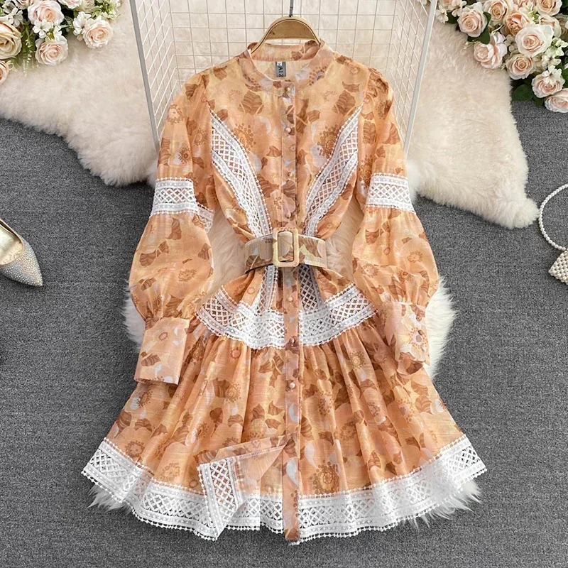 2025 Fashion Embroidery Lace Hollow Out Stitching Flower Dress Women Single Breasted Lantern Sleeve Floral Print Belt Vestidos