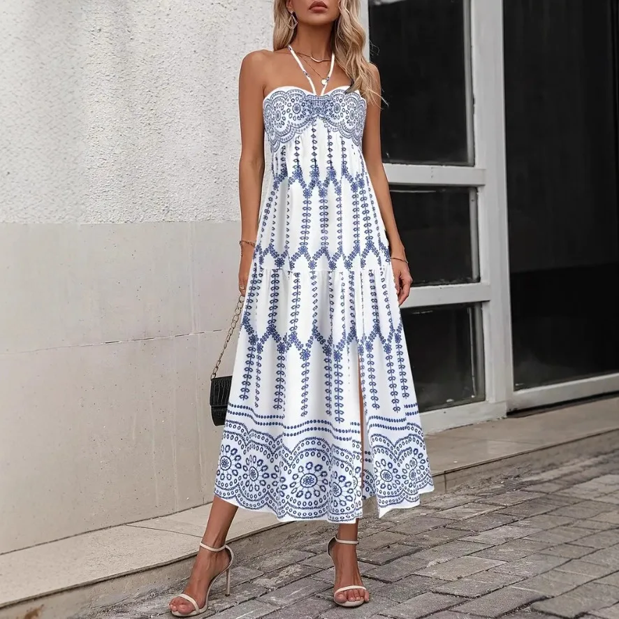 

2025 Women's New Fashion Trend Casual Comfortable High Quality Bohemian Beach Style Fashion Printed Suspender Long Skirt Suit