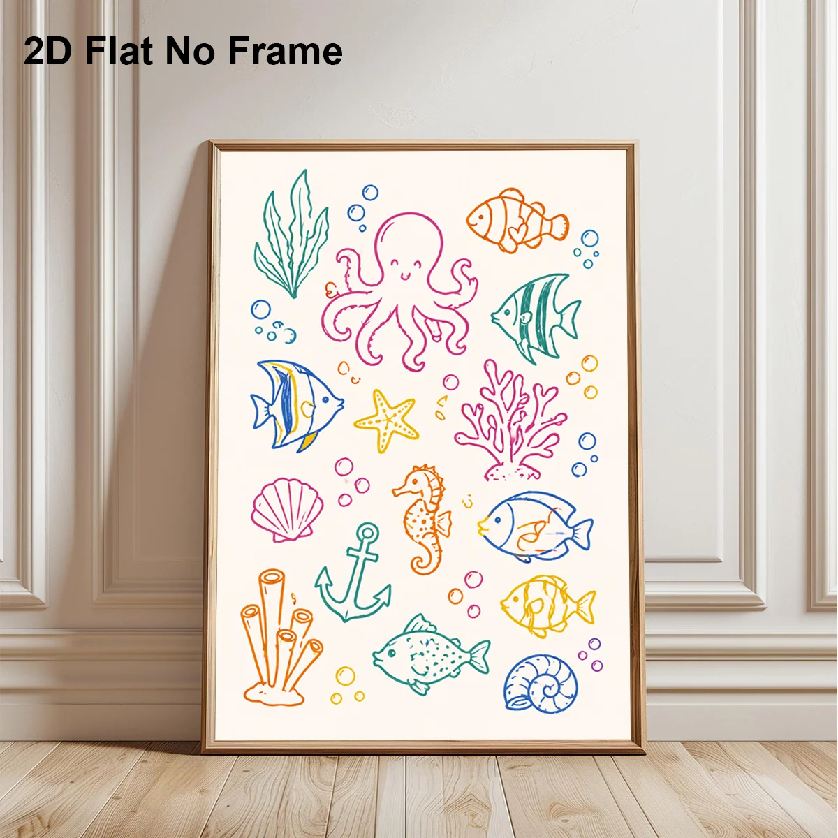 2D Flat, 2D Flat, 1pc Frameless Canvas Poster, Cute Cartoon Marine Life Illustration with Octopus Fish Seahorse Starfish Cora