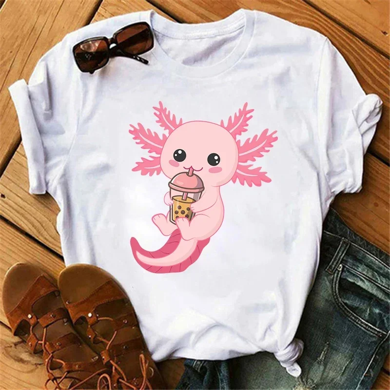 NEW Cute Axolotl Drinking Bubble Tea Printed Kids T-shirt Summer Pure Cotton Short-sleeved Casual Tops for Boys and Girls