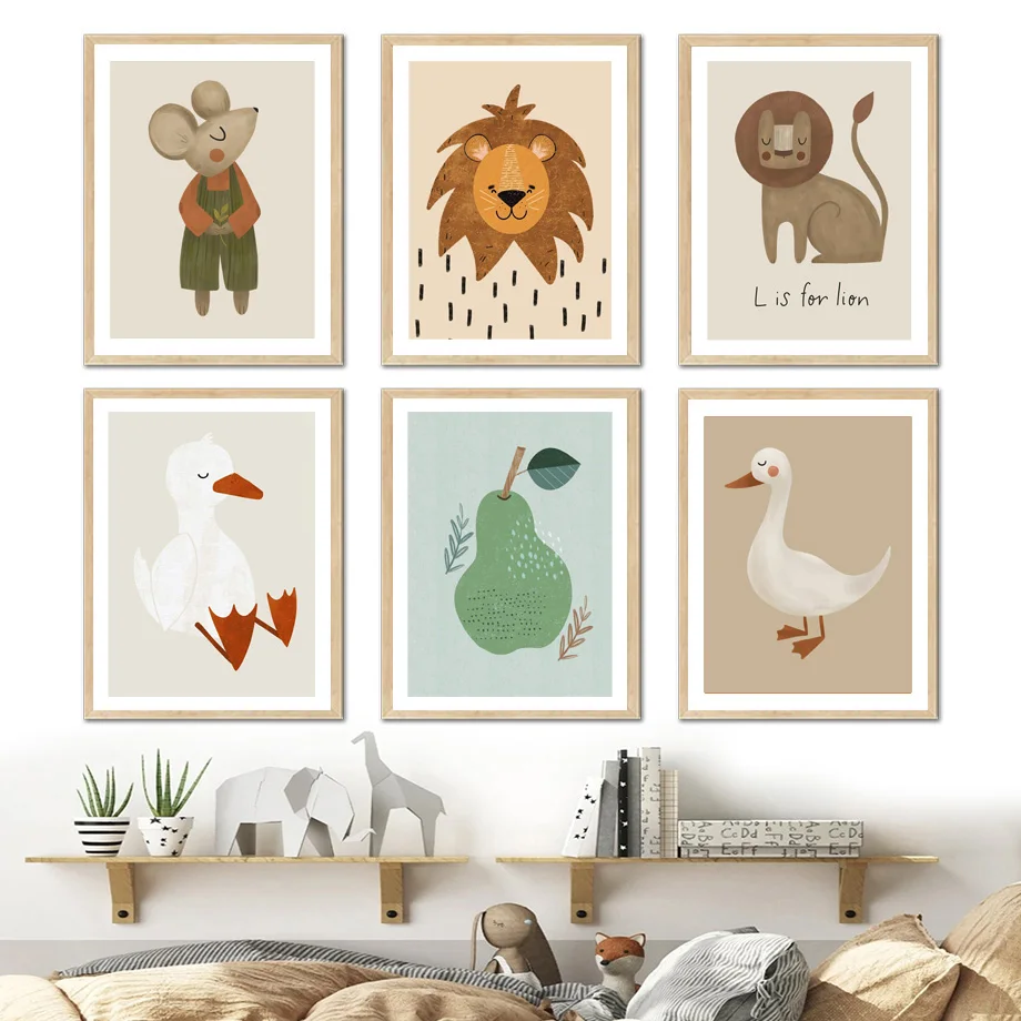 1PC Frameless  Cartoon Mouse Goose Lion Rabbit Duck Nordic Retro Posters Wall Art Aesthetics Print Canvas Painting for Living Ro