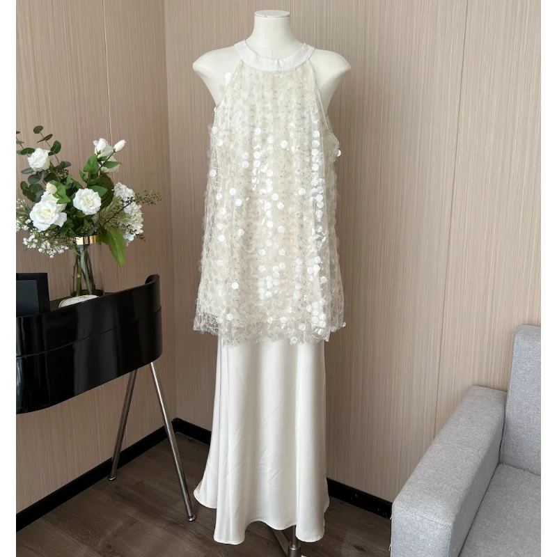 

Loose Sleeveless Sequined Neck Blouse +Fishtail Skirt Women Two-piece Set Fashion Elegant Party Wedding Slim Summer Lady Suit