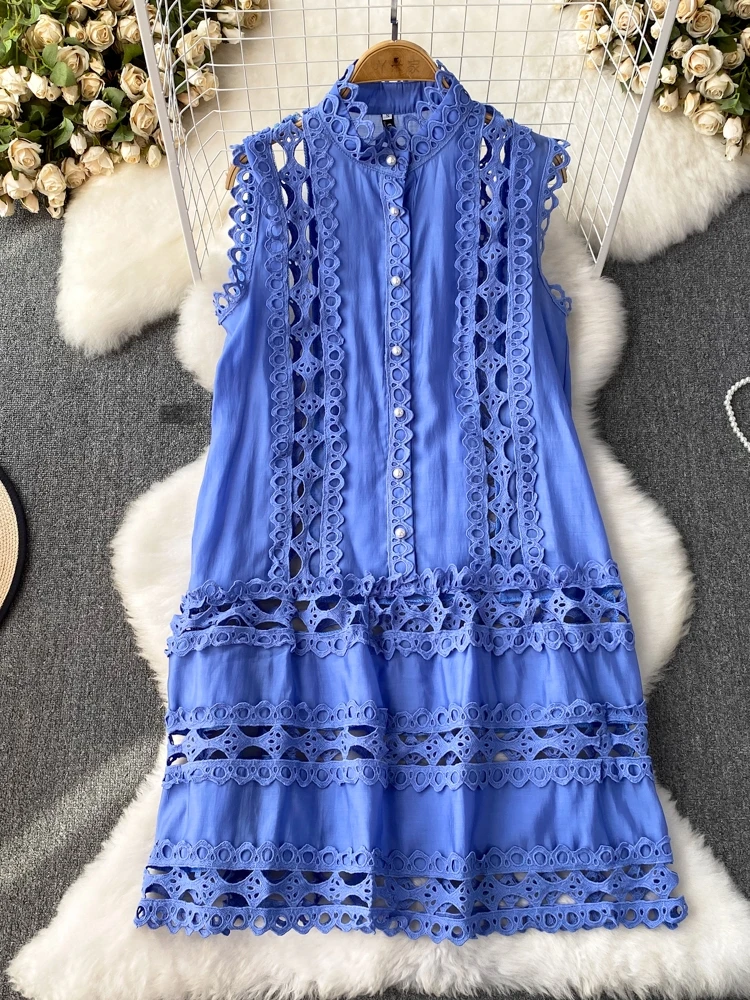 Retro Court Sle Slim Fit Svel A-Linie aushöhlen Stickerei Dr Sommer hohe Taille Stehkragen koreanische Pendeln reine C...