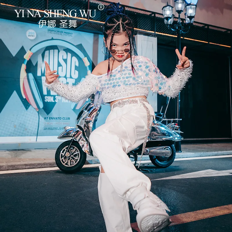 Girls Jazz Dance Suits K-pop Street Dance Hip-hop Costumes Fashionable Sequins Top Hollow Pants Set Kids Models Catwalk Costumes