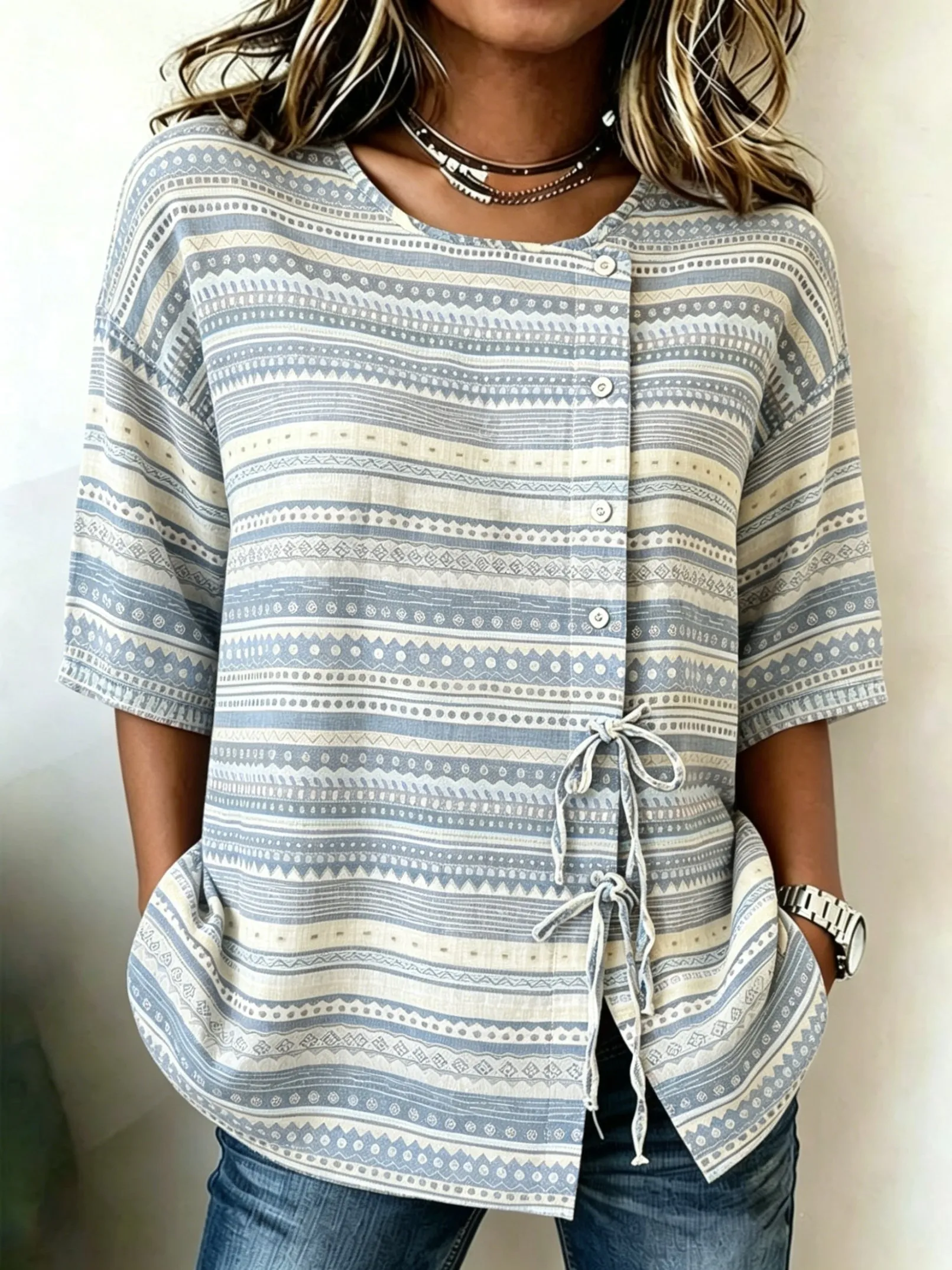 Blusa Boho para Mujer con Raya - Tie Front Shirt reseña y precio