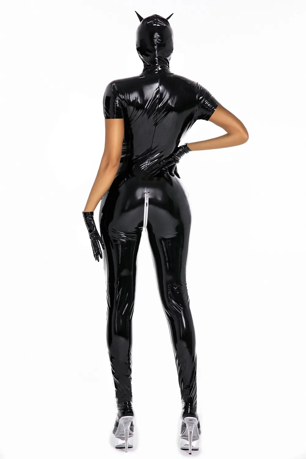 여성용 블랙 Wetlook 반짝이는 PU 인조 가죽 점프수트, 섹시한 지퍼 오픈 가랑이 라텍스 바디 수트, 이국적인 나이트클럽 캣수트