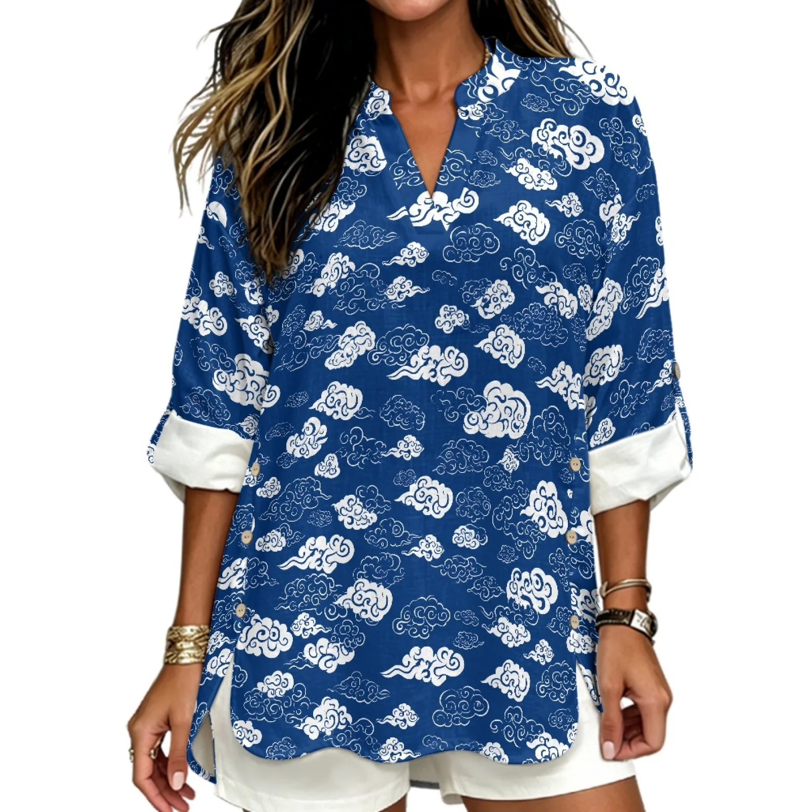 PENSTROLL Side Slit Hem Linen Like V Neck Blouses Stylish Long Sleeve Tops for Business Cloud Pattern Design