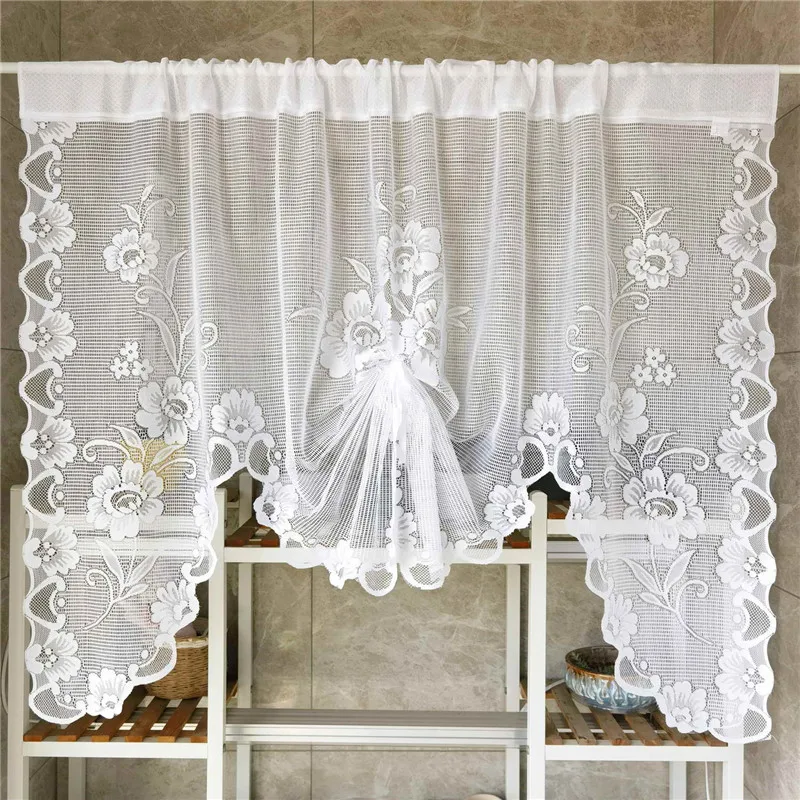 American Pastoral White Lace Balloon Curtain Lifting Tie-Up Roman Tulle Curtain Valance For Room Kitchen Door Partition Decor