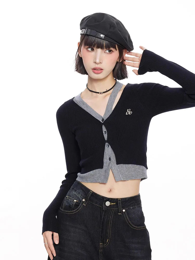 Streetwear Y2k Cropped Sweaters Women Sexy Slim Hollow Out Knitted Cardigan Vintage Harajuku Long Sleeve Lady Letter V Neck Tops