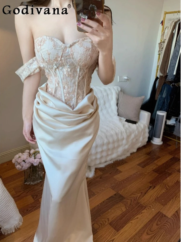 

Spring Summer Unique Exquisite Slim Slash Neck Strapless Fishtail Dresses Girls High Waist Off The Shoulder Party Long Dress