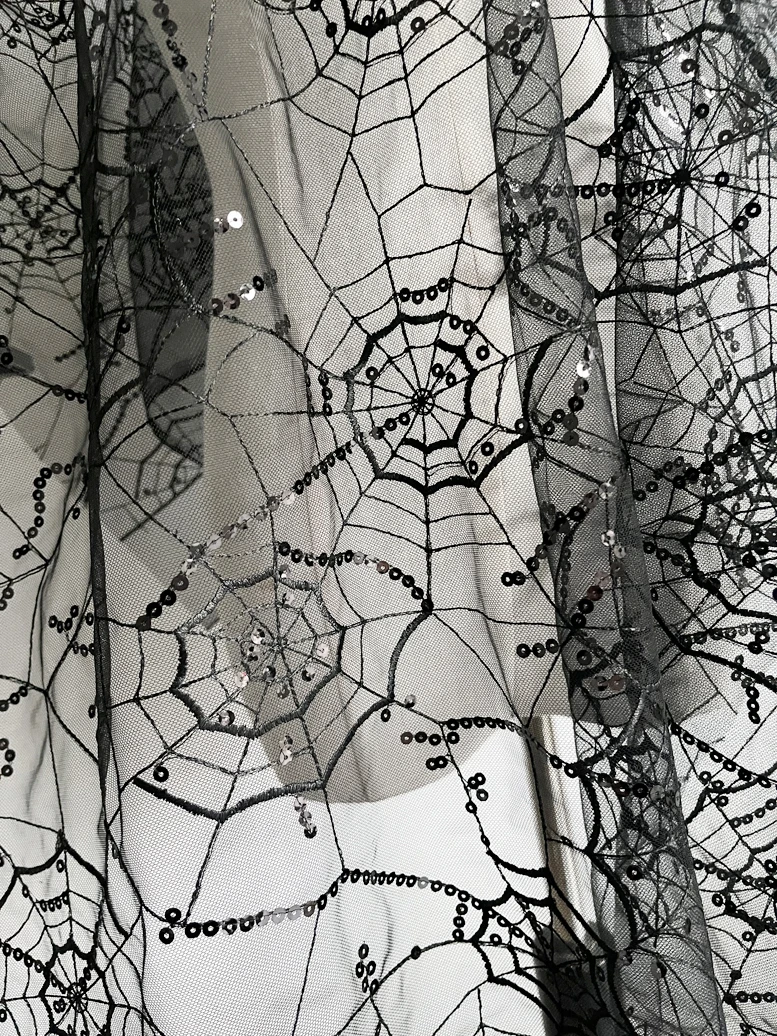 Black Spider Web Embroidered Lace Fabric with Shiny Sequins for Dressmaking and Background Decoration By The Meter