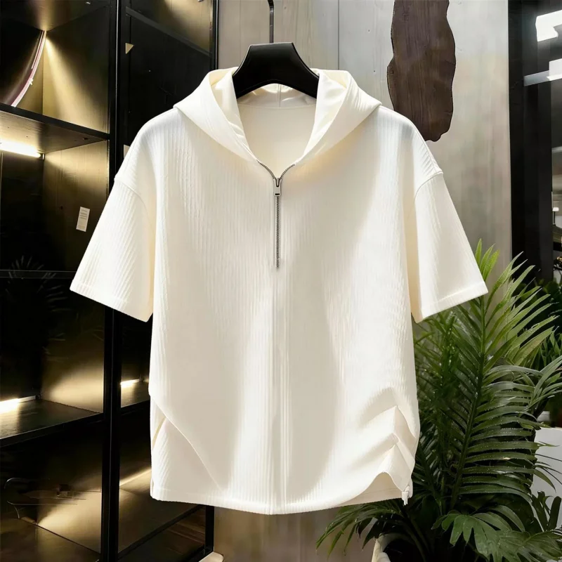 2026Summer new half-zip short-sleeve hooded top for men, textured casual loose-fit sports short-sleeve TShirt2026 New Summer Men
